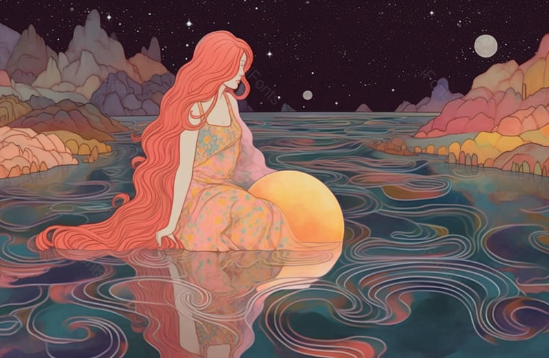 夜晚夜空下的水面上半蹲着一个女人侧对着画面,插画/手绘图,插画/手绘图库,插画/手绘图下载,插画/手绘